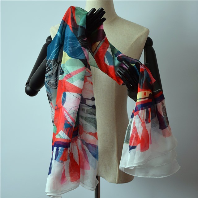 Scarf factory chiffon scarf with printed tassels