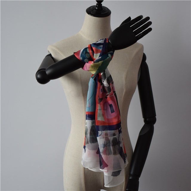 Scarf factory chiffon scarf with printed tassels